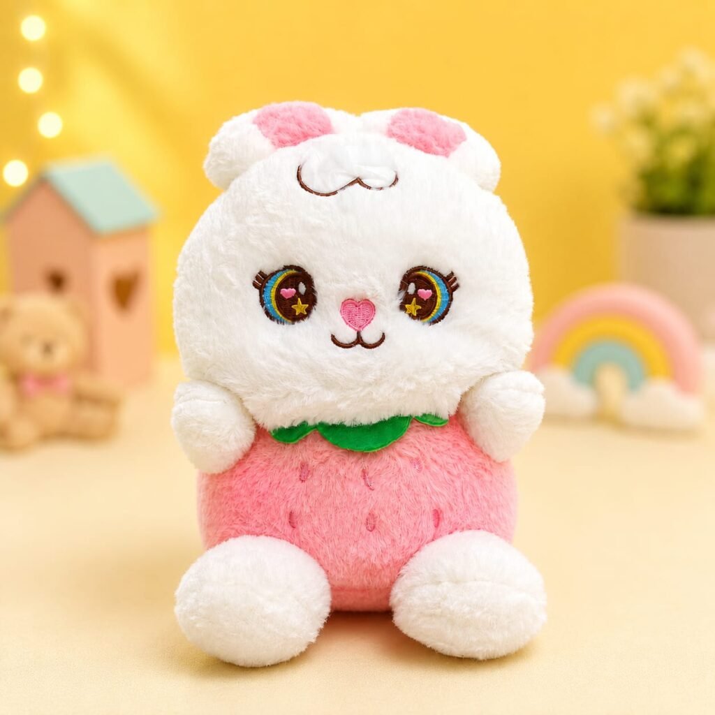 Plush Breathing Rabbit Toy in Strawberry Outfit with Soothing Rhythmic Motion