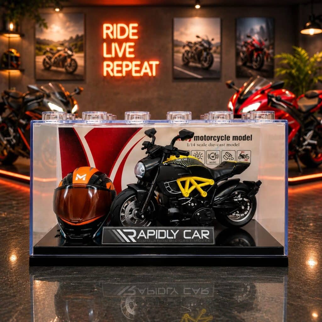 1:14 Scale Alloy Die-Cast Motorcycle Model with Yellow Frame, Display Case & Helmet