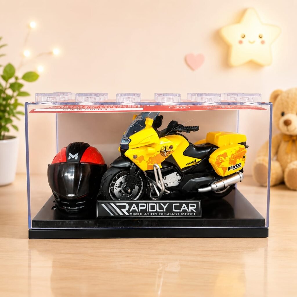 Yellow Alloy Die-Cast Motorcycle Model with Display Case & Helmet
