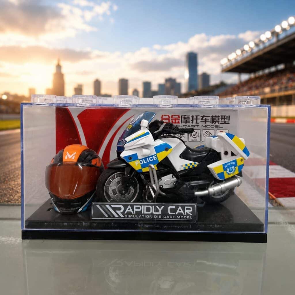 Police Alloy Die-Cast Motorcycle Model with Display Case & Helmet