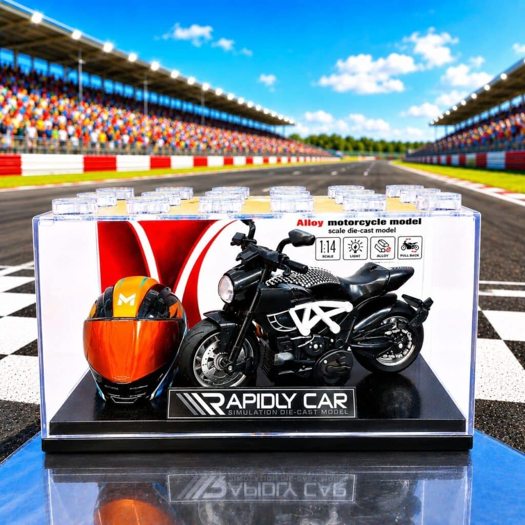 1:14 Scale Alloy Die-Cast Motorcycle Model with Display Case & Helmet